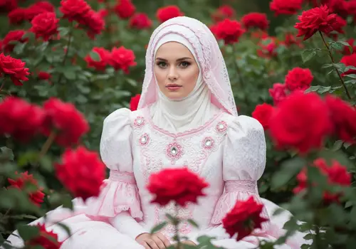 Elegant Woman in Pink Hijab and Dress in Rose Garden
