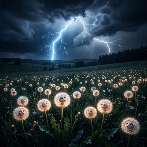 Lightning Wakes Dandelions | Darkened Grass Scene