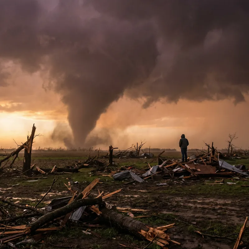 Ominous Tornado and Resilience Amidst Destruction