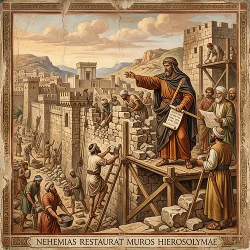 Renaissance-style Fresco Painting of Nehemiah overseeing Wall Rebuilding