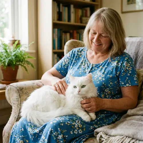 Fluffy White Cat on Woman's Lap | Serene & Loving Scene