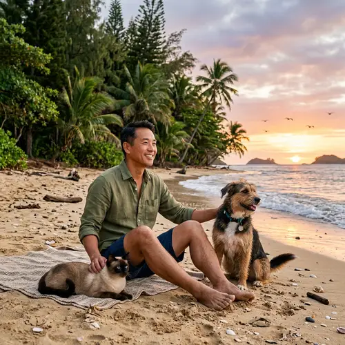 Tranquil Beach Scene with Asian Man, Dog, and Cat at Sunset