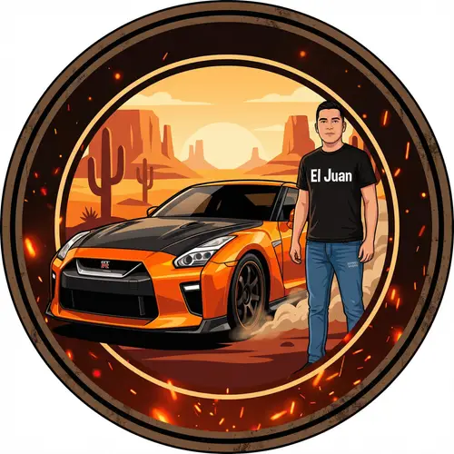 El Juan Logo with GTR Car and Man in Black Shirt & Levi's Trousers