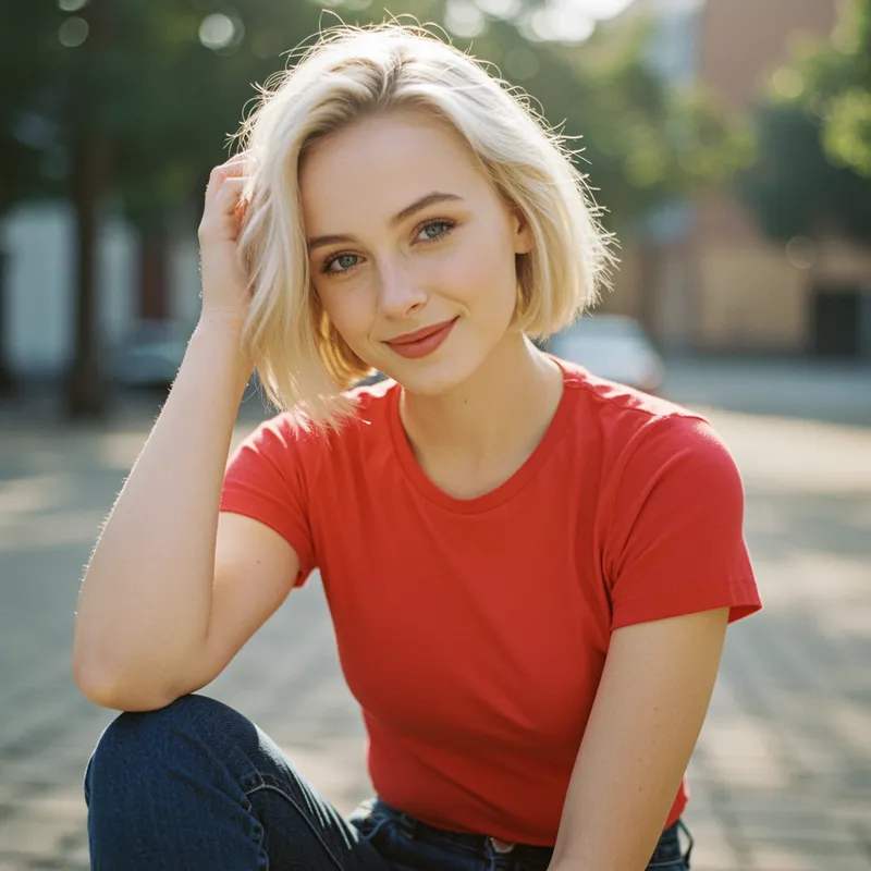 Stylish Blonde in Bob Hairstyle and Jeans