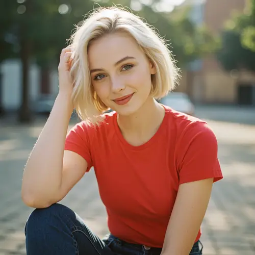 Stylish Blonde in Bob Hairstyle and Jeans