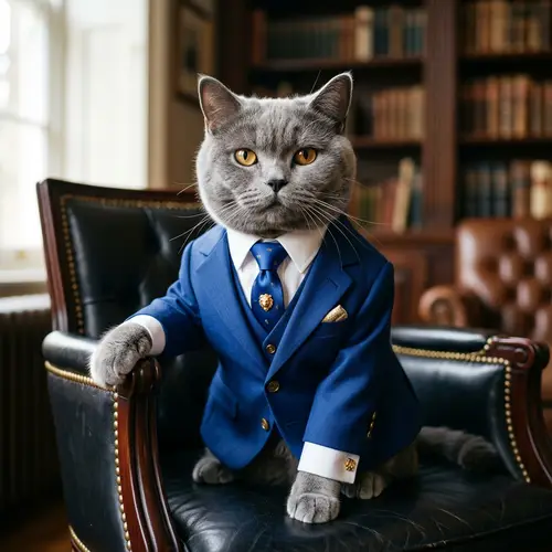 Elegant Blue Suit Cat with Gold Accents