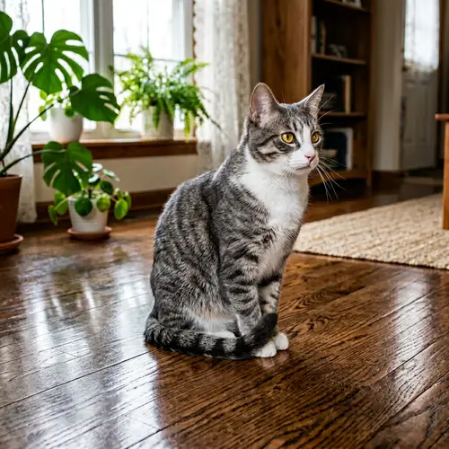 Beautiful Grey and White Striped Domestic Short Hair Cat on Wooden Floor