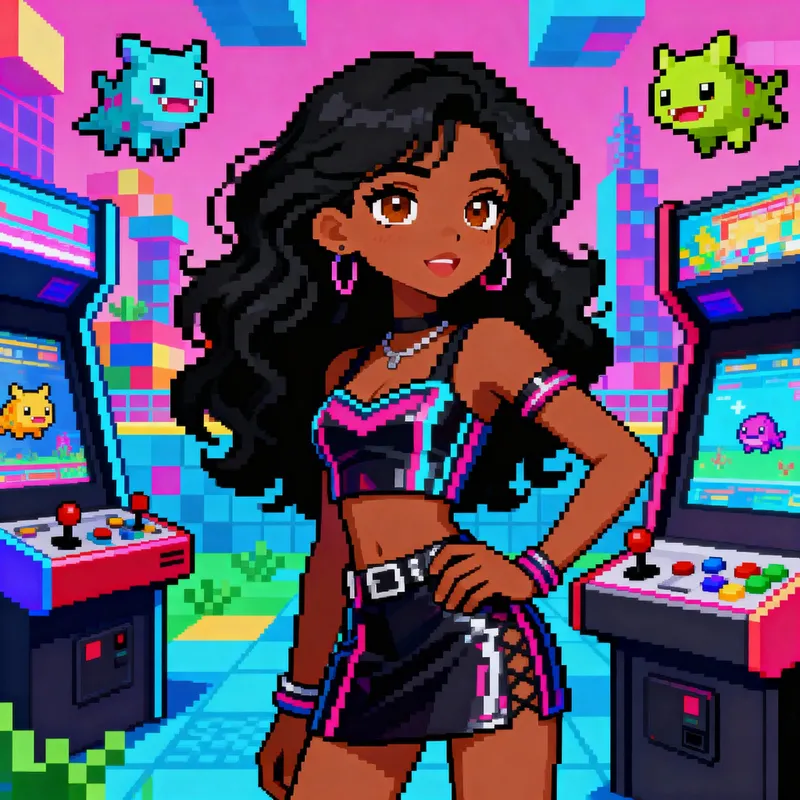 Vibrant 1980s Arcade-Inspired Video Game Character