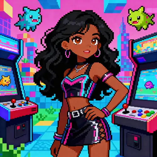 Vibrant 1980s Arcade-Inspired Video Game Character