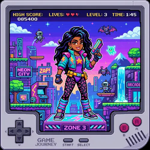 Vibrant 1980s Arcade-Inspired Video Game Character