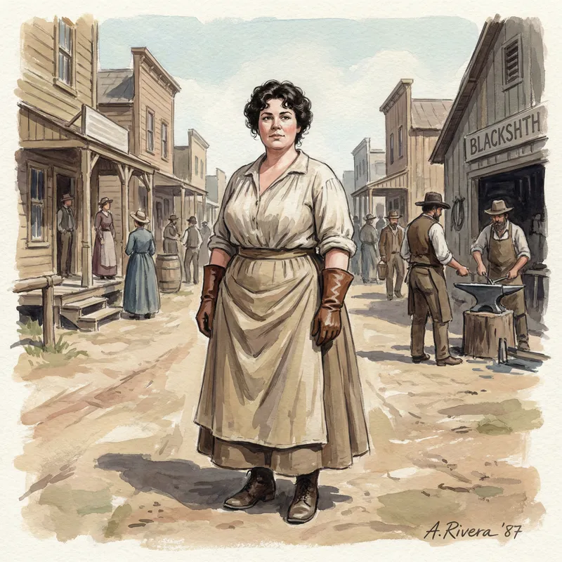 Caucasian Woman with Curly Black Hair in 19th Century Western Village Scene
