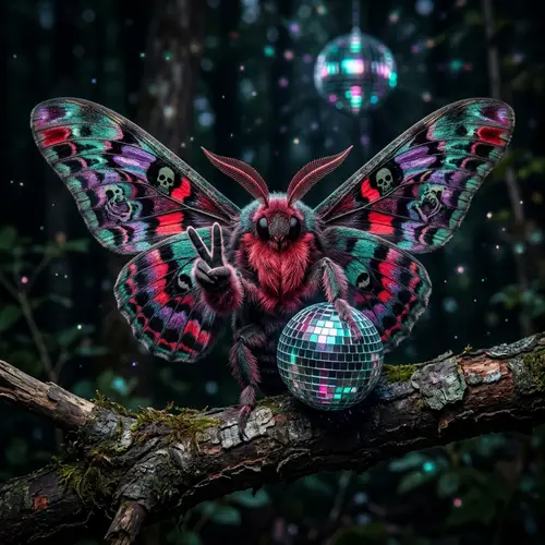 Mortality-Inspired Death Moth with Crimson Beard and Disco Ball