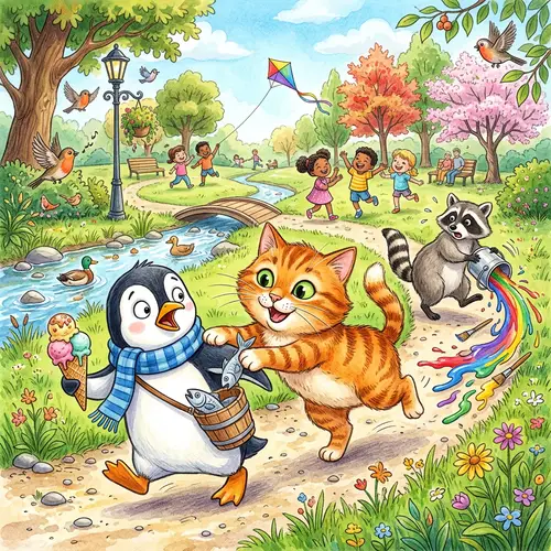Whimsical Illustration of a Funny Cat and Penguin in a Park