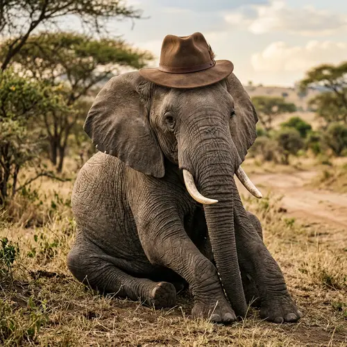 Seated Elephant Wearing a Hat