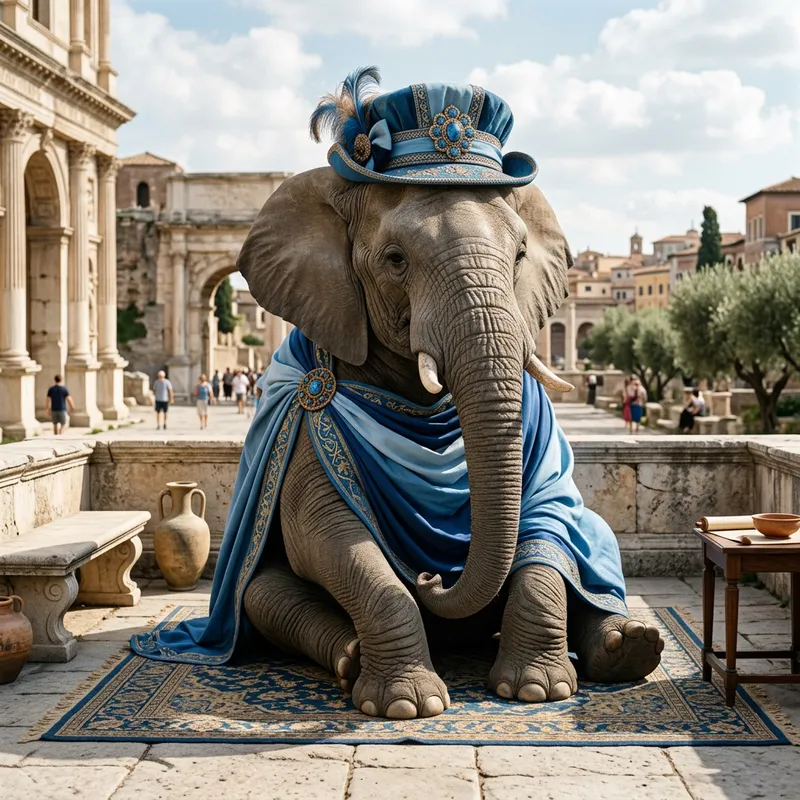 Blue Elephant Sitting in Blue Toga and Hat
