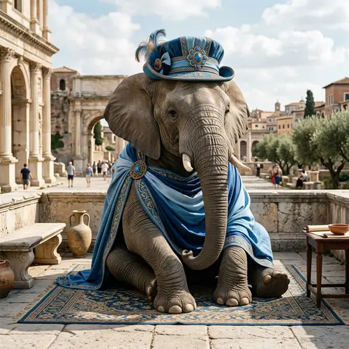 Blue Elephant Sitting in Toga and Hat