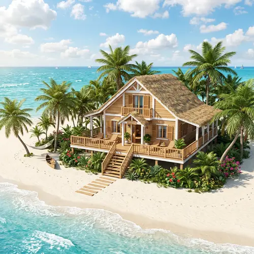 3D Beach House with Palm Trees and Sunny Sky