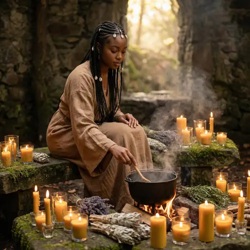Serene African American Woman Stirring Herbs in Cauldron