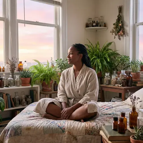 Serene African American Woman Surrounded by Plants at Dawn
