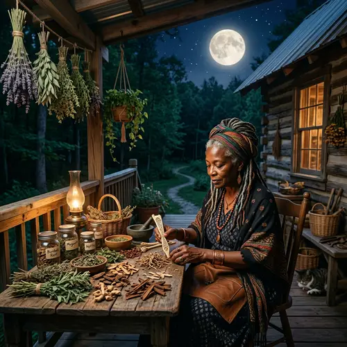 African American Woman Rootworker Herbalist Practice at Night