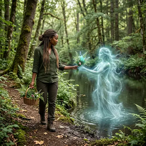 African American Woman in Forest Meets Water Spirit with Sacred Plants