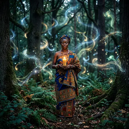 Enchanting Black Woman in Vibrant Attire with Candles in Forest