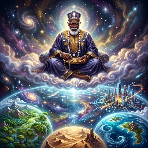 African Deity Orunmila: God of Wisdom & Divination Seated on Cloud