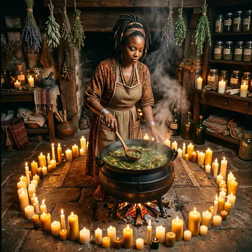 African American Woman Stirring Herbal Concoction in Ca - Tranquil Mystical Scene