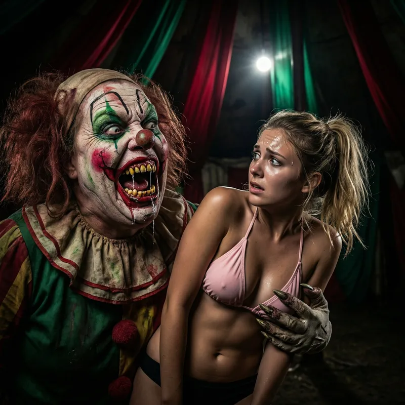 Grotesque Female Clown Art: Hyperrealistic Horror Scene