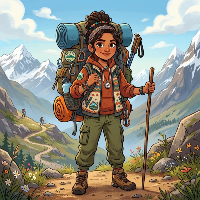 Adventurous Girl Cartoon Character with Backpack