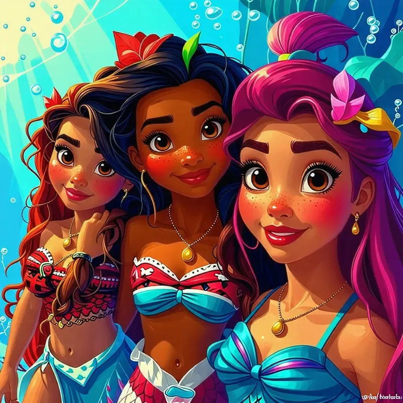 Disney Princesses: Moana, Ariel & Mirabel in Magical Scene Disney Princesses: Moana, Ariel & Mirabel in Magical Scene
