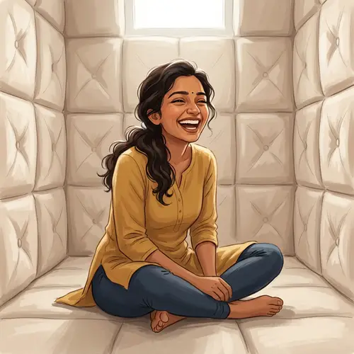 Joyful Escape: Woman Laughing in a Padded Room
