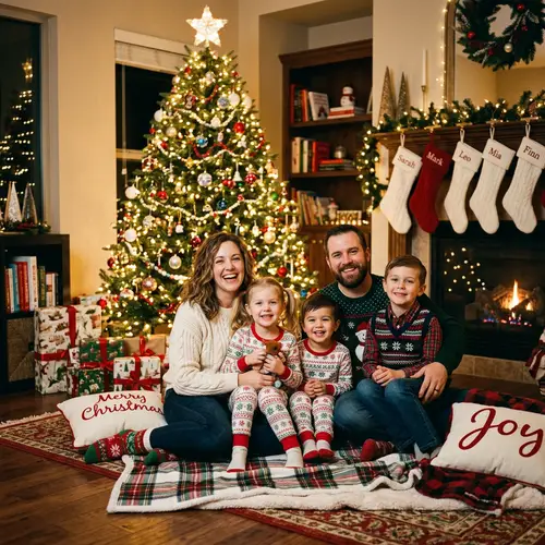 Cozy Family Christmas Photo by Decorated Tree