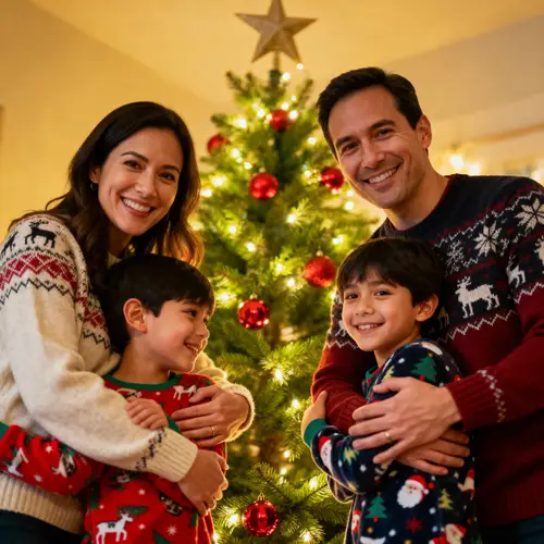 Cozy Family Christmas Photo by Decorated Tree