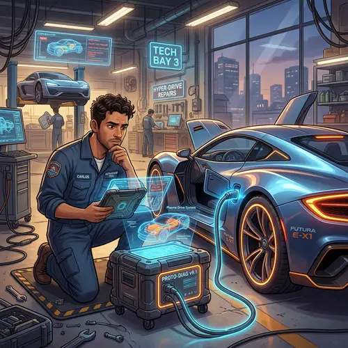 Hispanic Male Mechanic Repairing Futuristic Car | Company Name