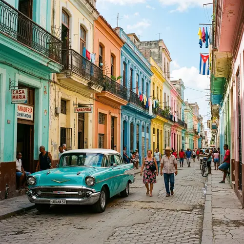 Colorful Cuban Houses & Vintage Car | Vibrant Street Scene