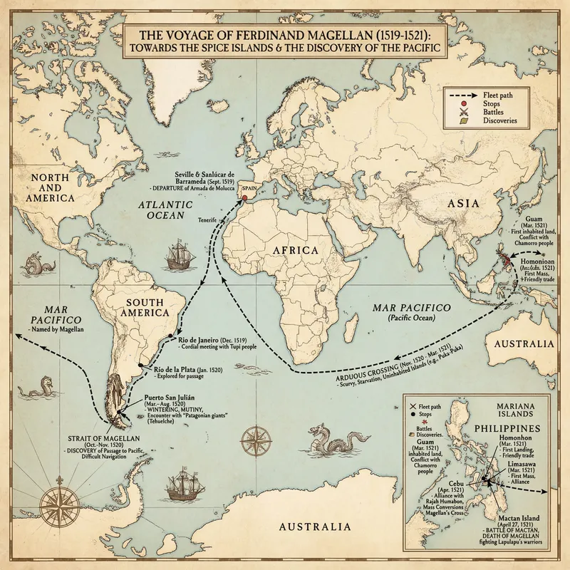 Ferdinand Magellan's Historical Route Map: Exploration of Discoveries and Challenges Ferdinand Magellan's Historical Route Map: Exploration of Discoveries and Challenges