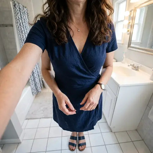 Gorgeous Mom in Blue Dress - Stunning Bathroom View