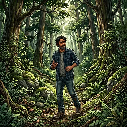 Lost in Dense Forest: Puzzled Middle-Aged Man Illustration