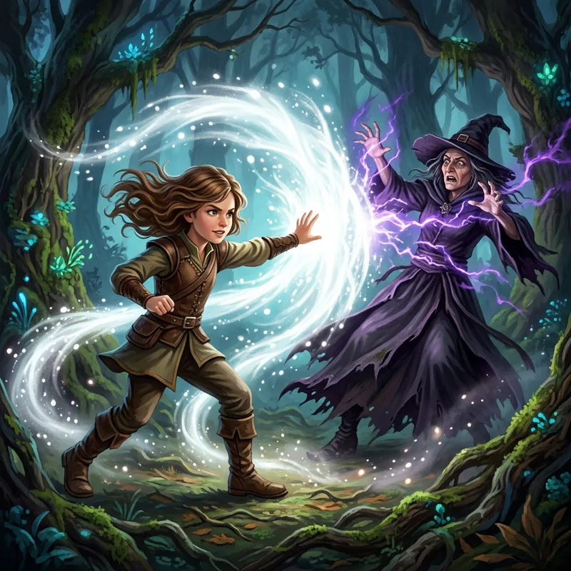 Girl Engages in Battle with Witch in Ethereal Light