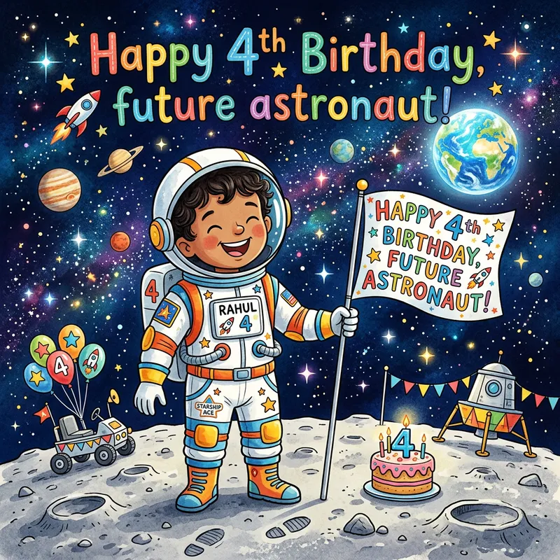 Child's Birthday Card - 4-Year-Old Astronaut Celebration