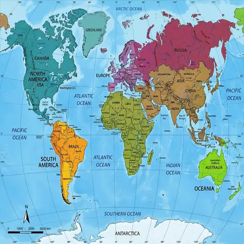 Detailed World Map with Continents, Oceans, and Cities