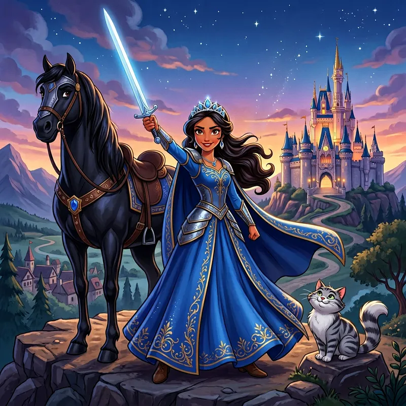 Hispanic Warrior Princess | Disney Style with Horse and Cat