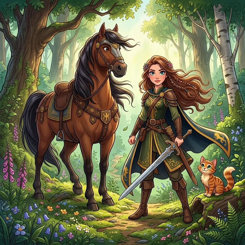 Adorable Disney-Style Warrior Princess with Horse and Cat | Enchanting Scene