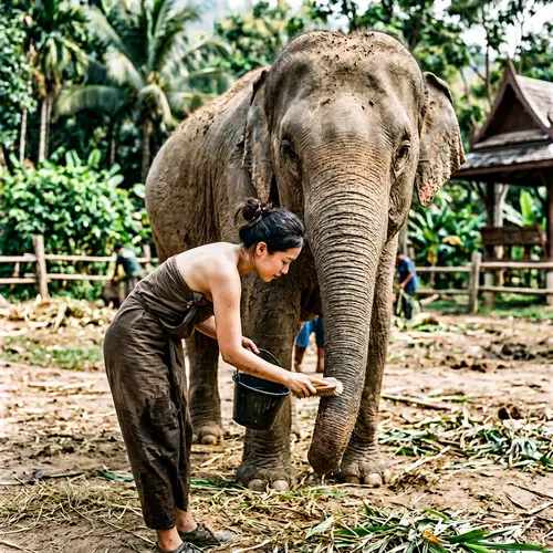 Nude Korean Woman Cleans Elephant's Trunk