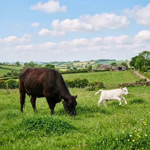 Cow Munching Grass with Playful Calf in Sunlit Field