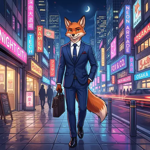 Stylish Fox Character in Business Suit - Vibrant 2D Cartoon Art
