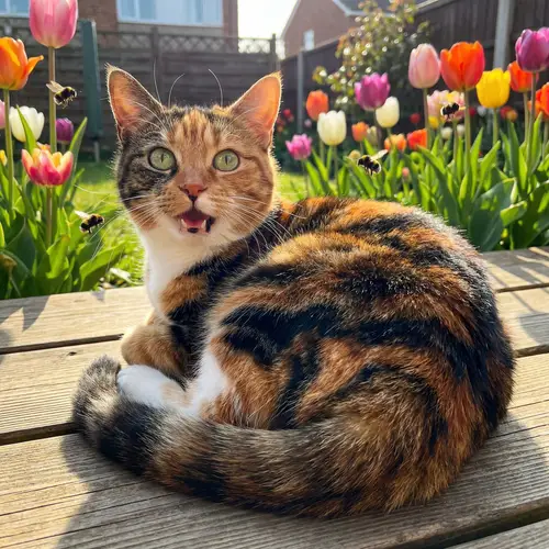 Vibrant Housecat Relaxing in Sunlight on Wooden Deck with Tulips