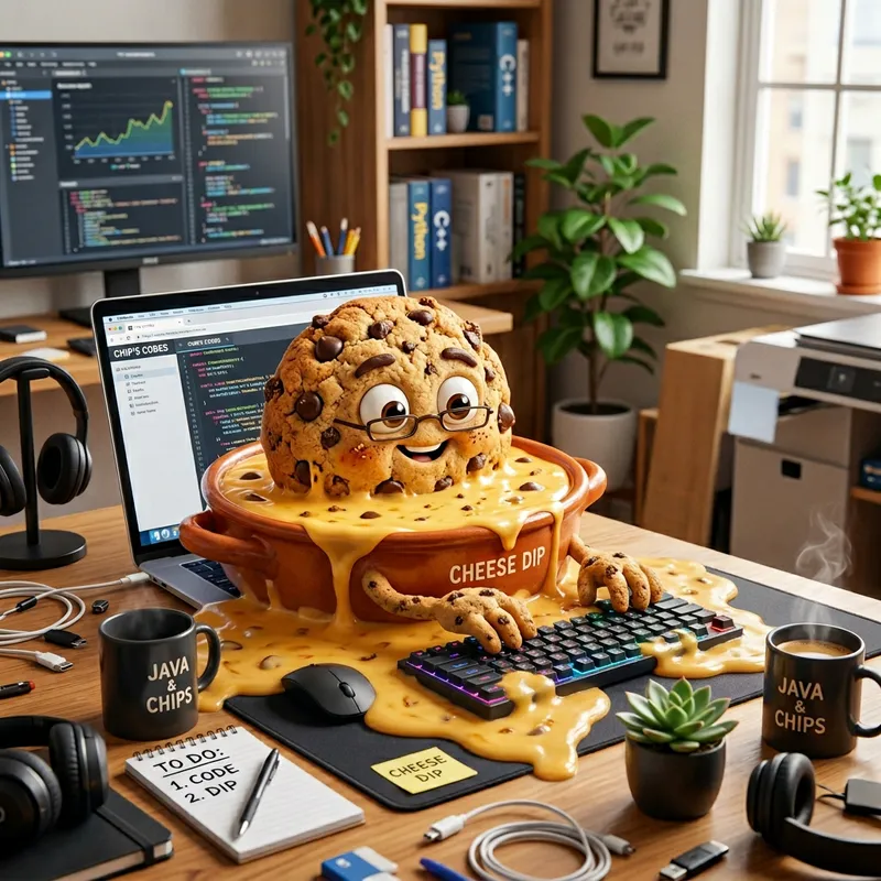 Cookie Character with Cheese Sauce at Computer