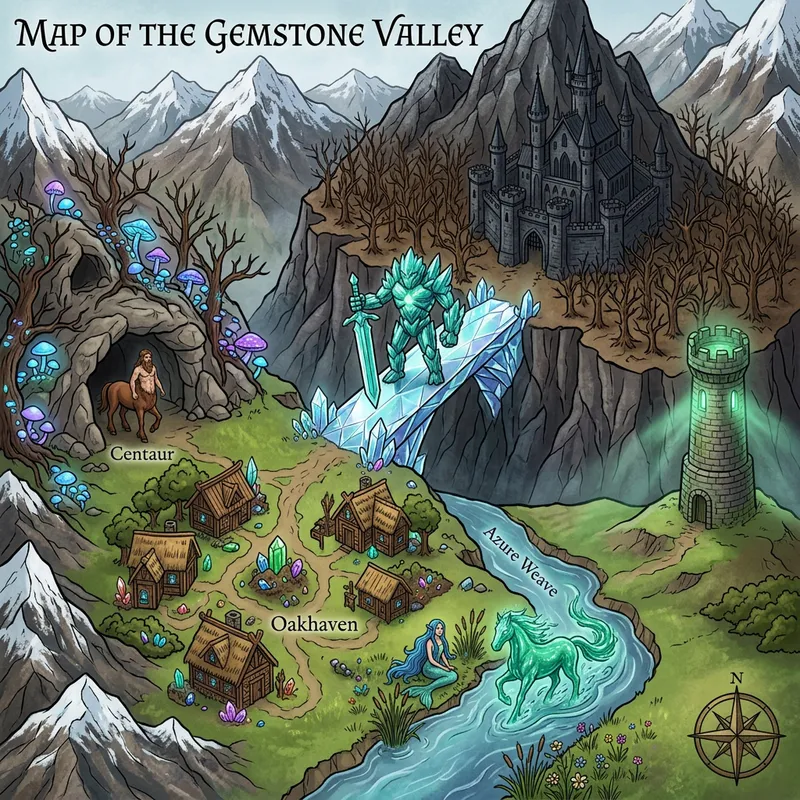 Fantasy Map: Enchanted Village and Mystical Creatures